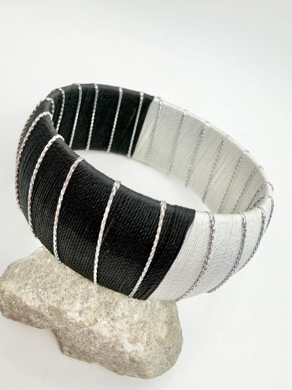 Black and White Wrapped Fabric Bangle Bracelet